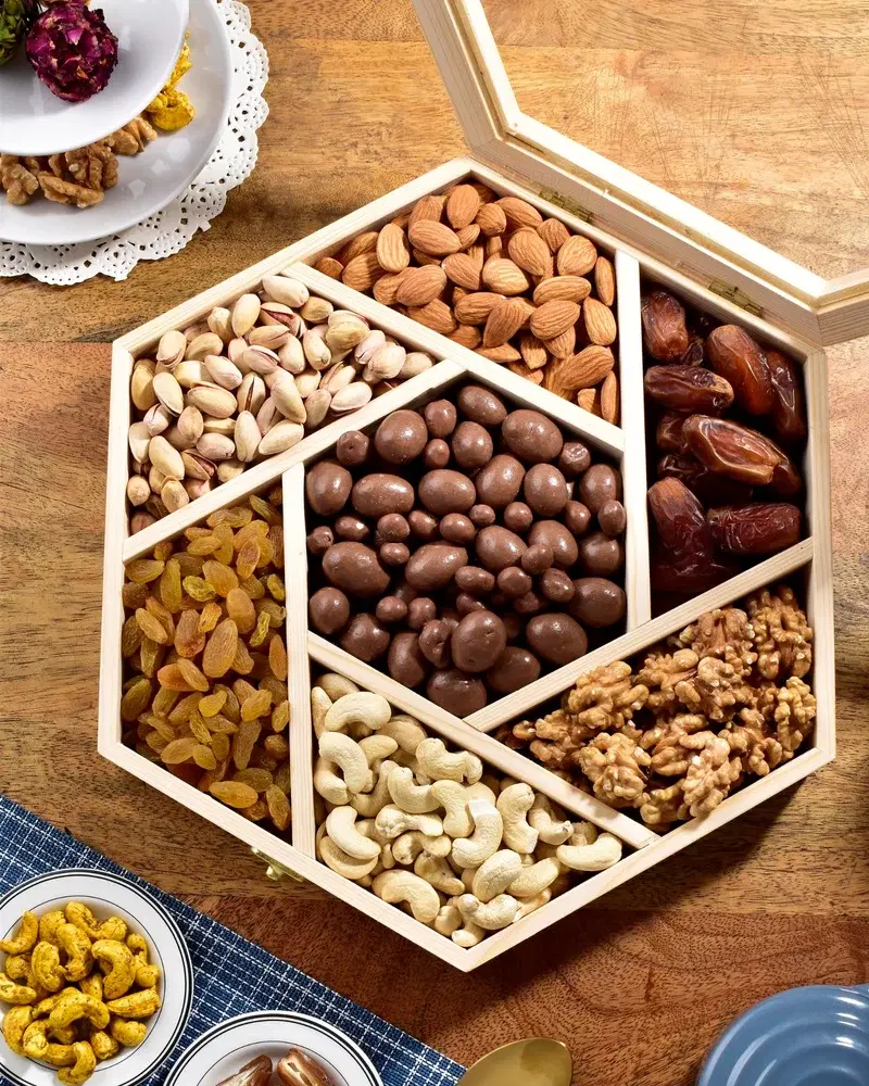 Hexagon dry fruit tray with assorted nuts and dates
